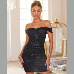 Glitter Ruched Off-Shoulder Mini Dress