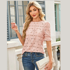 Openwork Round Neck Short Sleeve Top