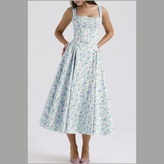 Floral Square Neck Wide Strap Midi Dress