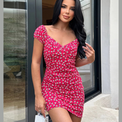 Printed V-Neck Short Sleeve Mini Dress