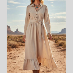 Tie Waist Long Sleeve Ruffled Hem Dress
