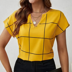 Plaid Contrast Notched Blouse