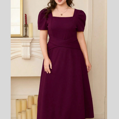 Plus Size Square Neck Puff Sleeve Midi Dress