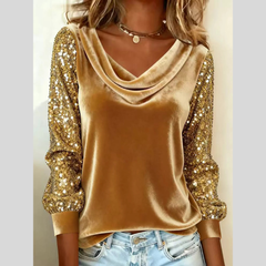 Sequin Sleeve Velvet Cowl Neck T-Shirt