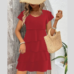 Casual Layered Round Neck Ruffled Sleeve Dress
