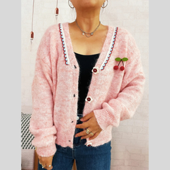 Cherry Button-Front Long Sleeve Cardigan