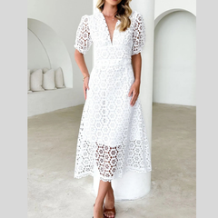 Eyelet Lace V-Neck Midi Dress with Puff Sleeves