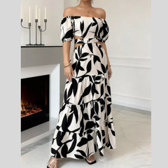 Off-Shoulder Cutout Leaf Print Maxi Dress