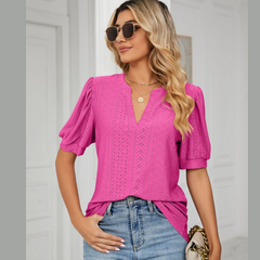 Florira Eyelet Notched Short Sleeve T-Shirt