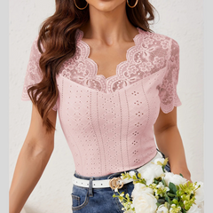 Lace Trim Eyelet Embroidered Summer T-Shirt