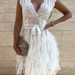 Lace V-Neck Ruffle Dress