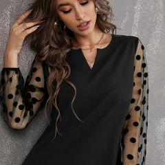 Polka Dot Notched Long Sleeve Dress