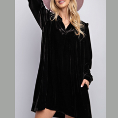 Frill Notched Long Sleeve Dress with Pockets