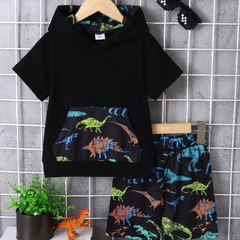 Children's Dinosaur Short Sleeve Hooded Top and Pants Set