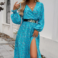 Devine Split Printed Surplice Long Sleeve Midi Dress