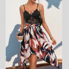 Perfee Lace Patchwork Printed V-Neck Dress