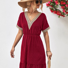 V-Neck Swiss Dot Ruffle Hem Mini Dress