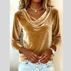 Velvet Draped Neck Long Sleeve Top
