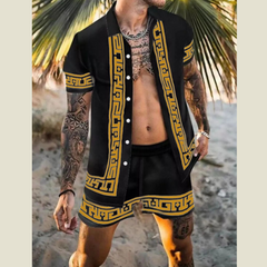 Men's Full Size Printed Collared Neck Short Sleeve Top and Shorts Set Plus Size