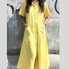 Button Front Short Sleeve Midi Dress