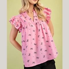 Notched Ruffled Cap Sleeve Blouse