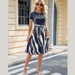 Printed Tie Waist Short Sleeve Dress