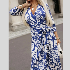 Printed Surplice Long Sleeve Wrap Dress