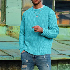 Men's Solid Color Waffle Autumn Long Sleeve Round Neck Base Sweater