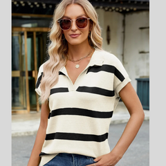 Striped Johnny Collar Cap Sleeve Sweater