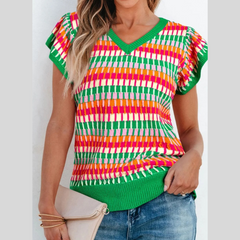 Contrast Striped V-Neck Knit Top