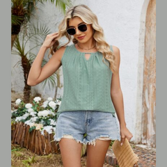 Eyelet Cutout Round Neck Tank