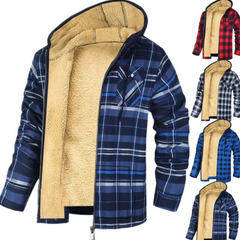 Men's Plaid Print Hooded Zip-Up Jacket Winter Thickened Cotton-padded Coat Warm Clothing