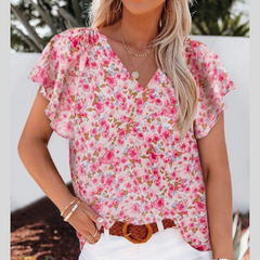 Full Size Flutter Sleeve Floral V-Neck Blouse Plus Size