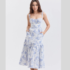 Floral Print Sweetheart Neck Midi Dress
