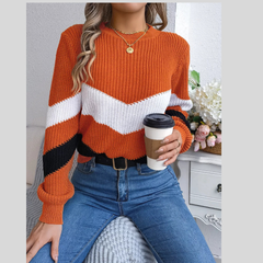 Chevron Stripe Color Block Round Neck Sweater