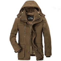 Thickened multi-pocket hooded men's cotton coat