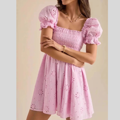 Eyelet Puff Sleeve Smocked Mini Dress