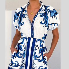 Puff Sleeve Printed Top and Zip Back Skirt Set