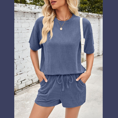 Lovelet Round Neck Half Sleeve Top and Drawstring Shorts Set