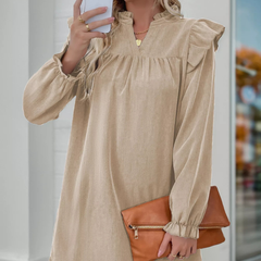 Ruffled Notched Long Sleeve Dress