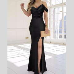 Draped Cowl Neck Side Slit Maxi Dress