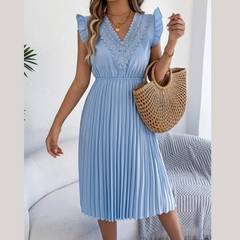 Lace Detail Ruffled Cap Sleeve Pleated Dress