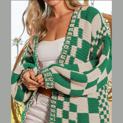 Checkered Open Front Long Sleeve Cardigan
