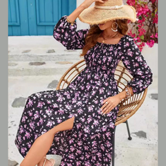 Slit Smocked Floral Square Neck Balloon Sleeve Midi Dress