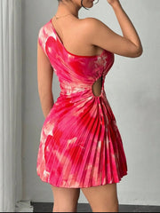 Cutout Drawstring Pleated Tie-Dye Sleeveless Mini Dress
