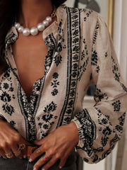 Vintage-Inspired Print Long Sleeve Button-Up Shirt