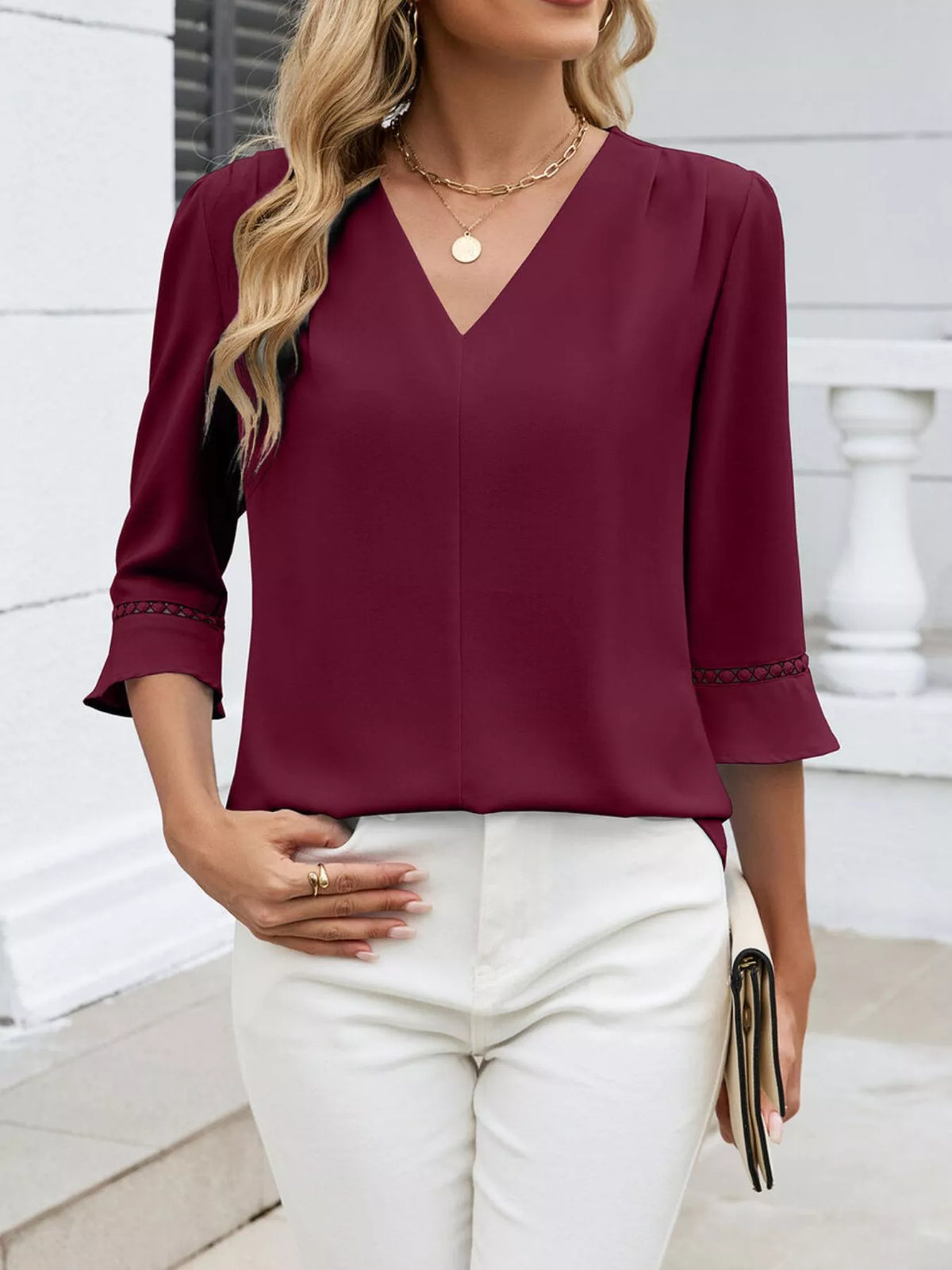 Relaxed Fit V-Neck Three-Quarter Sleeve Blouse