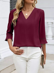 Relaxed Fit V-Neck Three-Quarter Sleeve Blouse