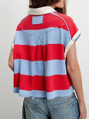 Half Button Striped Short Sleeve Cropped Polo Shirt