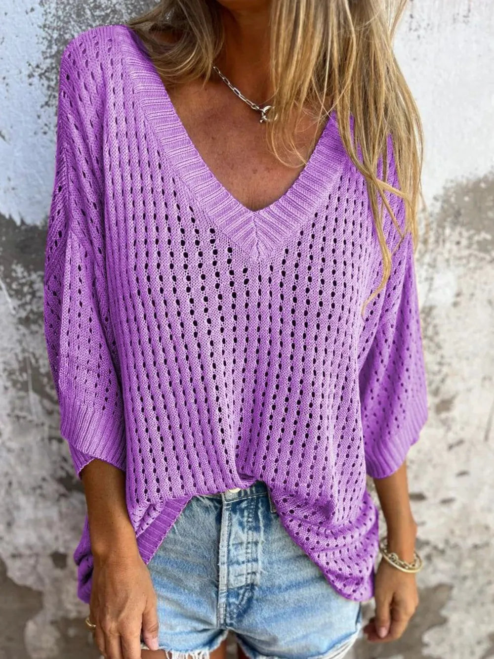Plus Size V-Neck Openwork Knit Cover-Up
